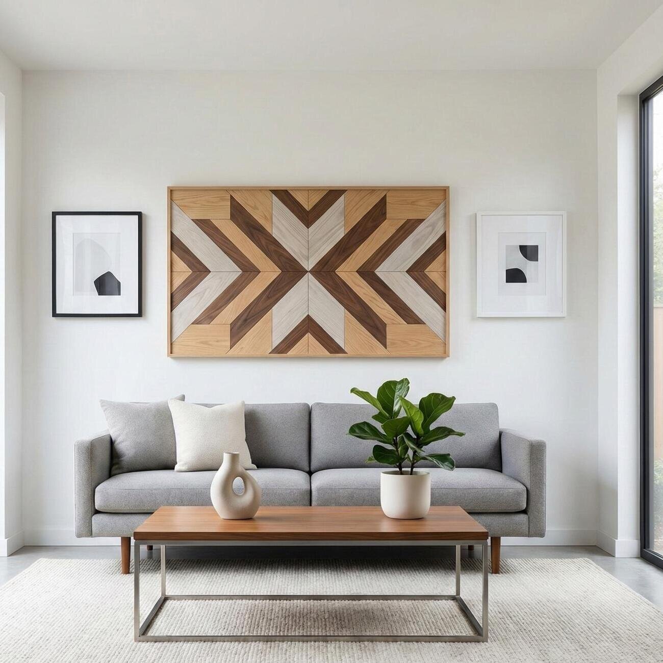 Modern living room with wood geometric art above gray sofa
