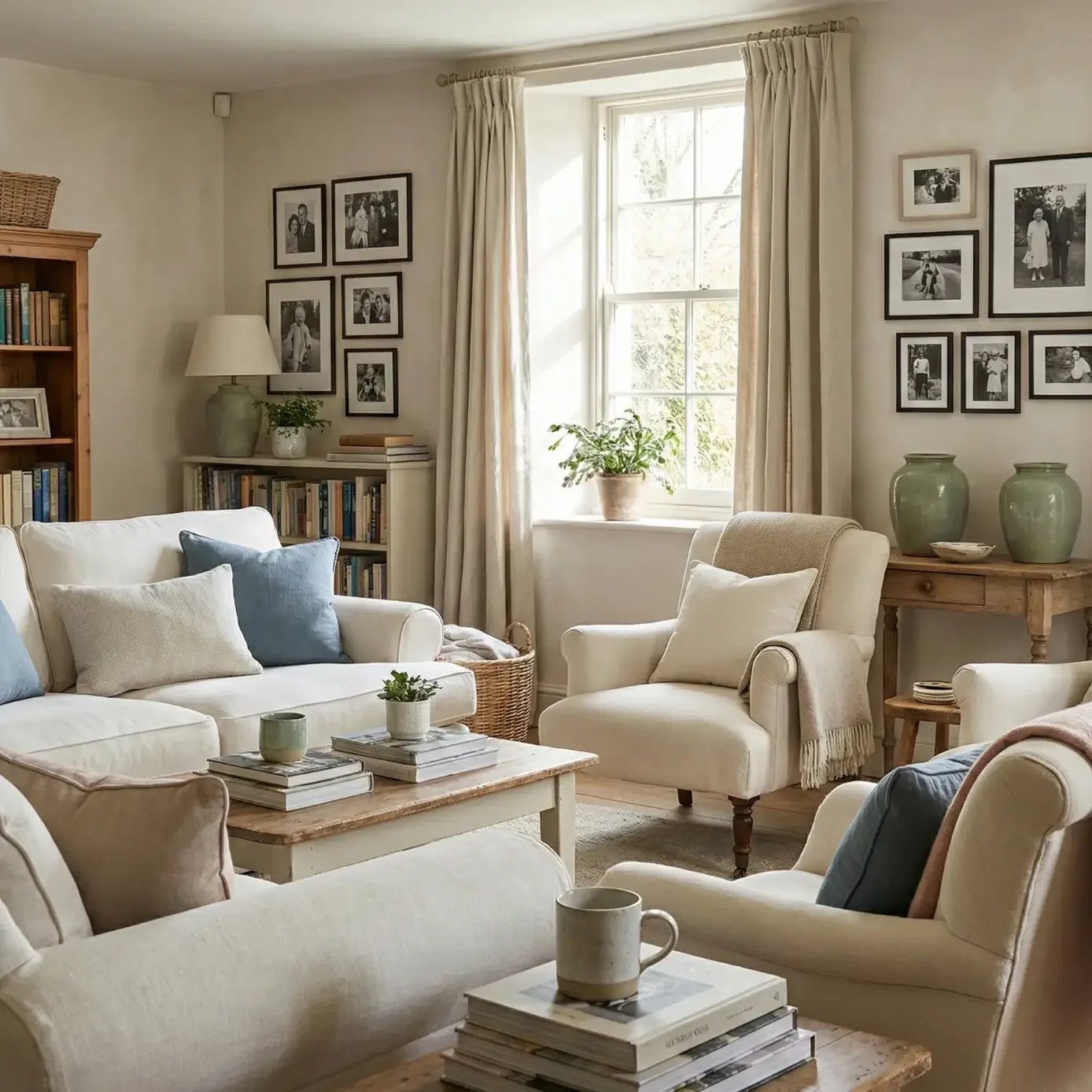 Sunlit beige living room with white sofa and framed photos.