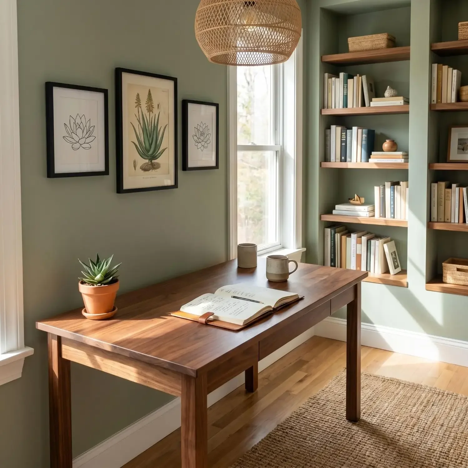 Botanical line drawing framed art in home office