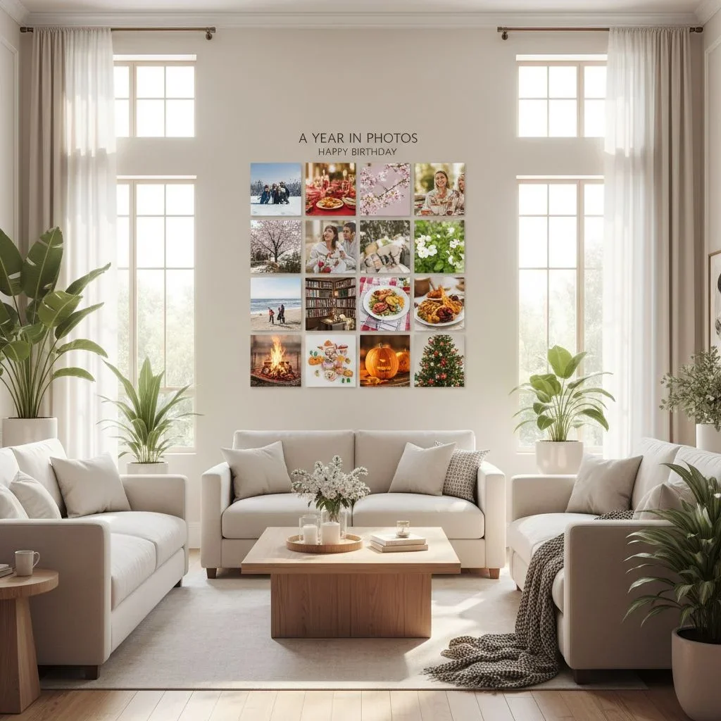 Birthday photo tile wall in a bright living room