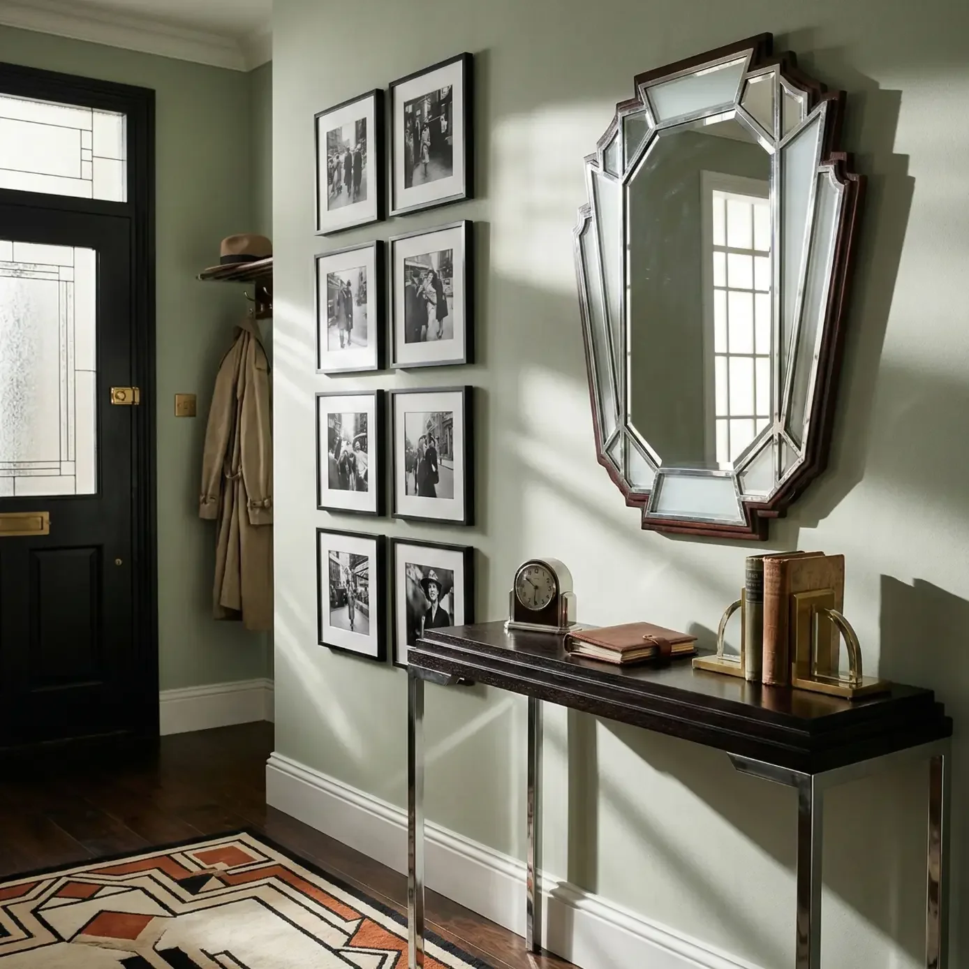 Art deco entryway with photo grid, mirror, and console table