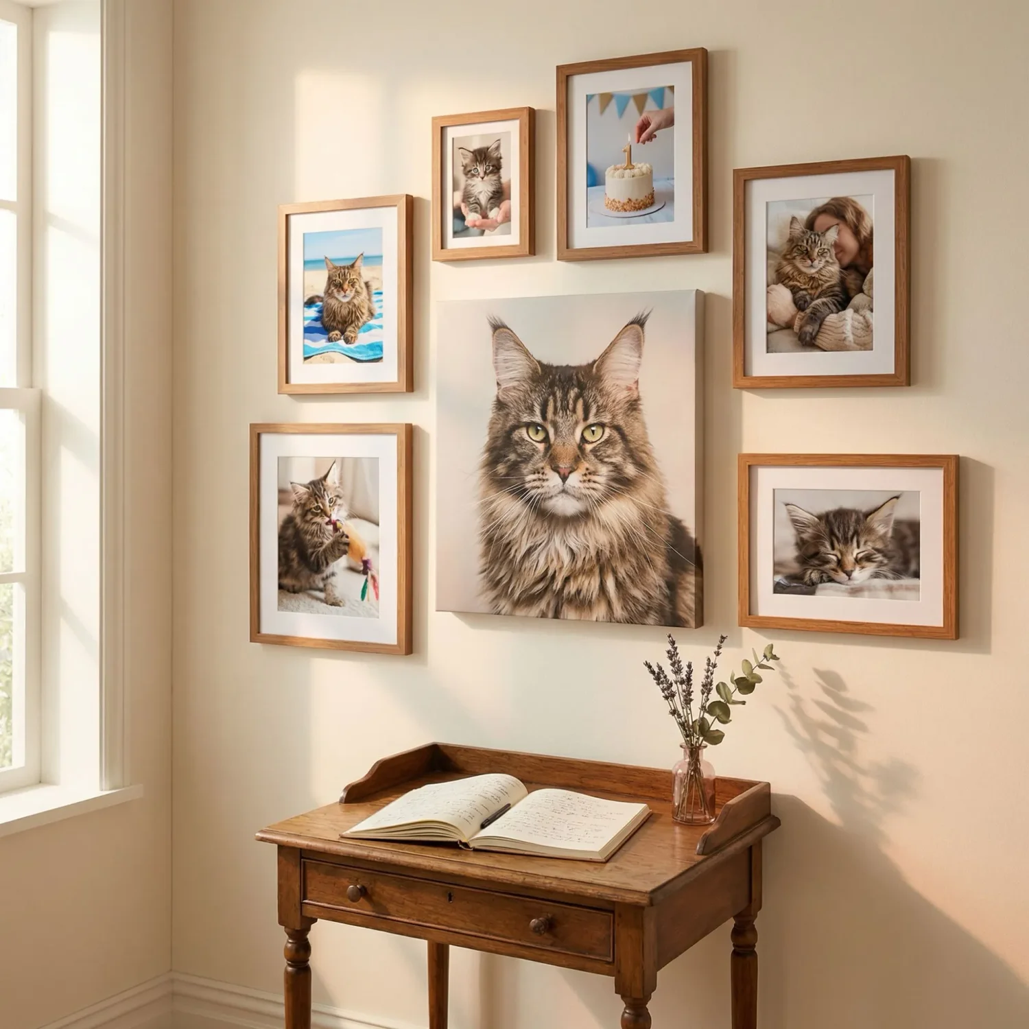 Sentimental pet photo gallery wall with canvas portrait