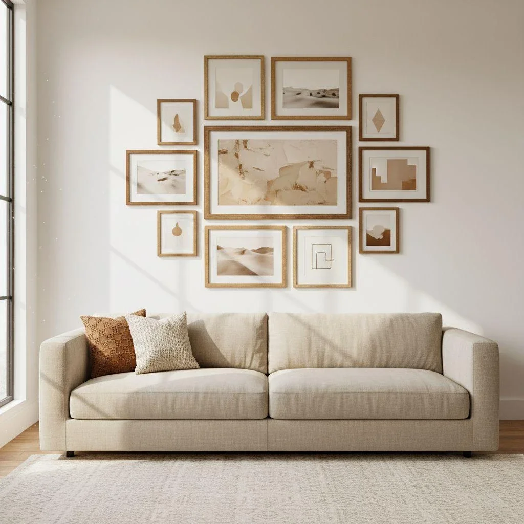 Gallery wall unified by warm neutral tones