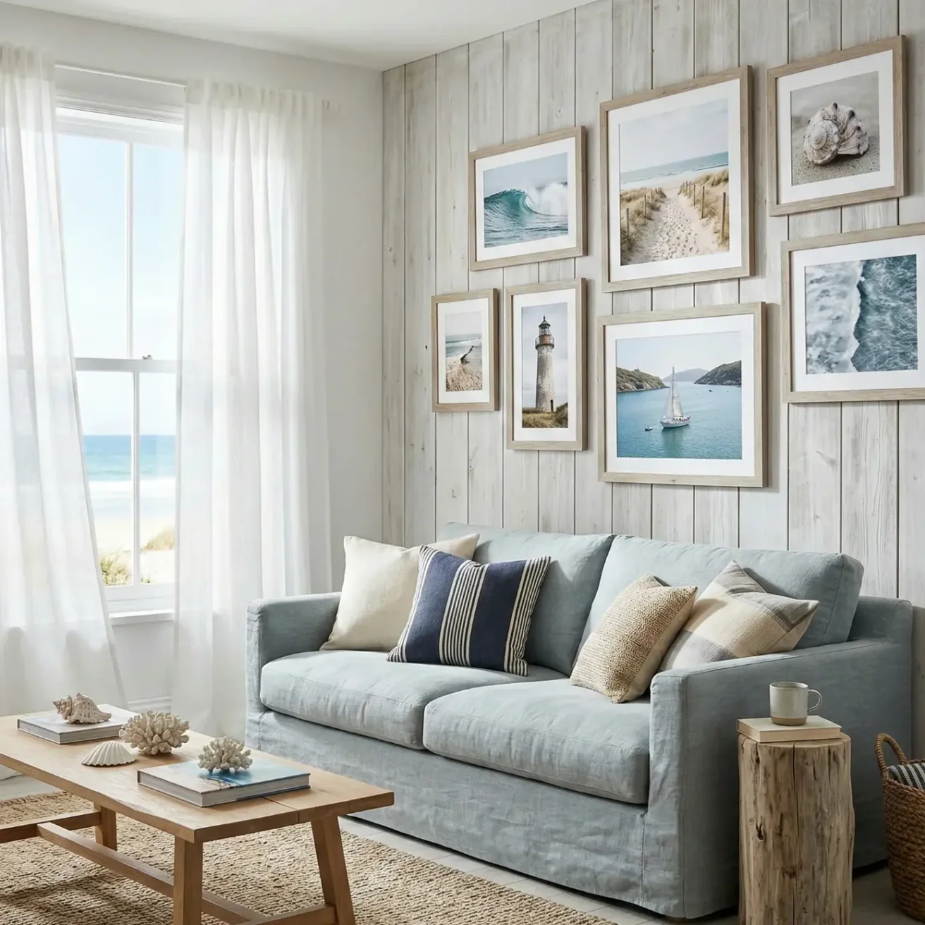 Coastal living room with beach photo gallery above blue sofa