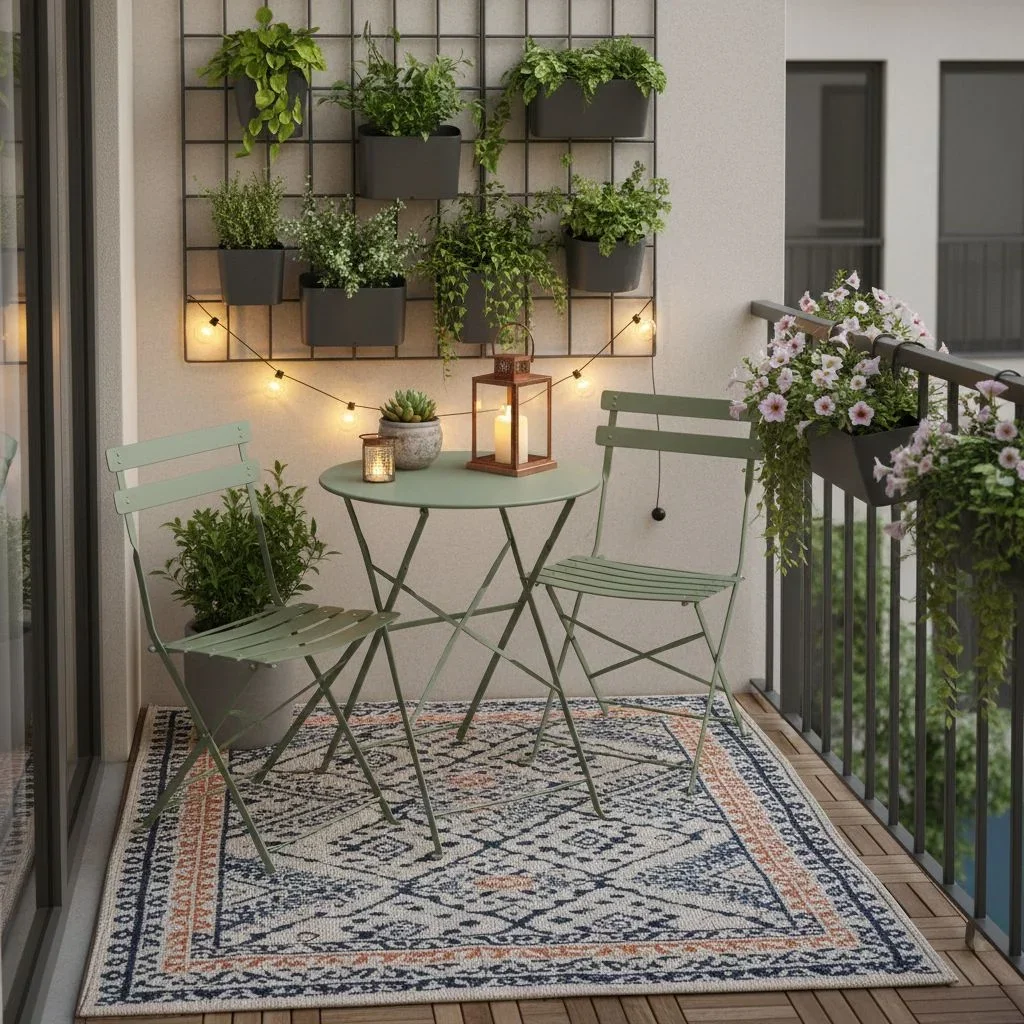 Cozy balcony with bistro set and evening lights