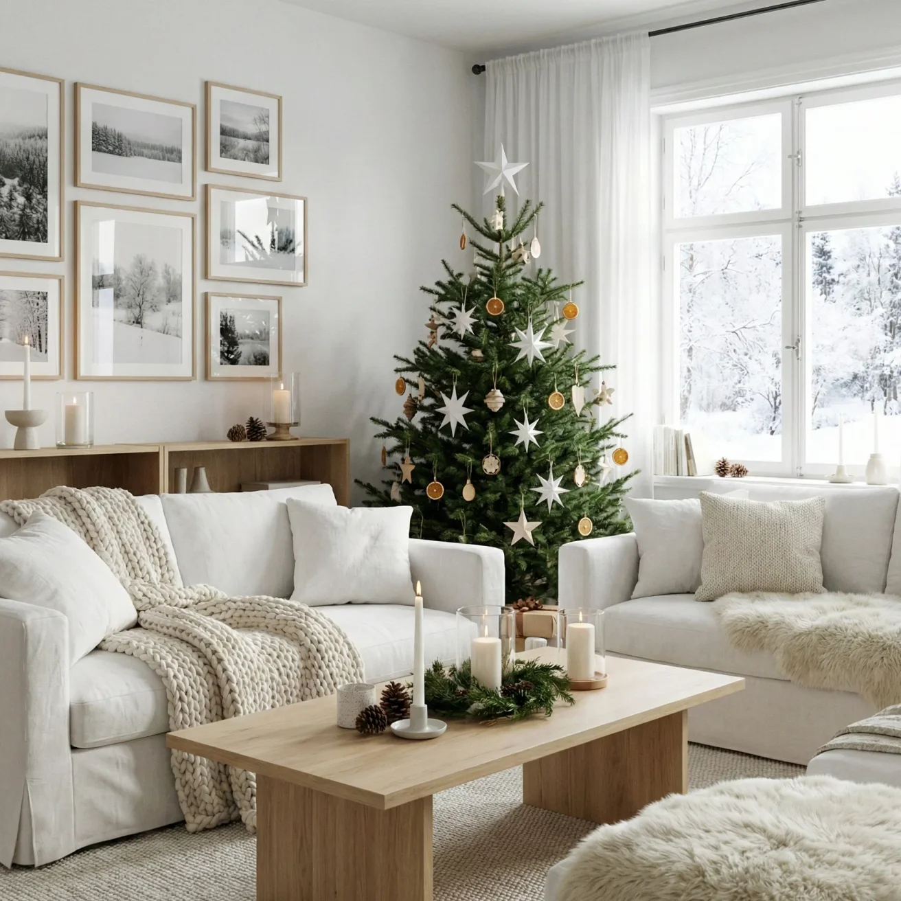 White living room with christmas tree and winted view window
