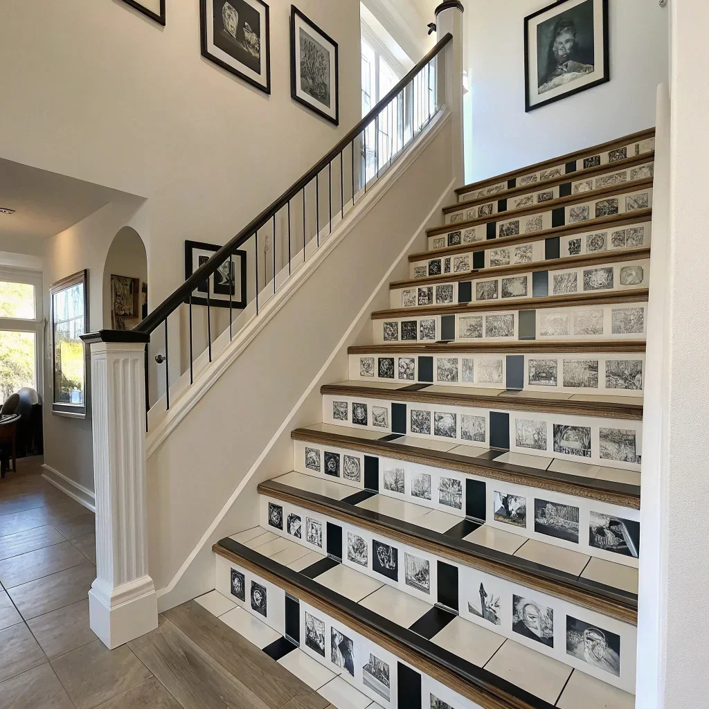 A modern staircase gallery featuring a clean diagonal layout of nine photo tiles—three rows of black-framed black-and-white portraits stepping upward with precise spacing, creating a crisp, architectural look.