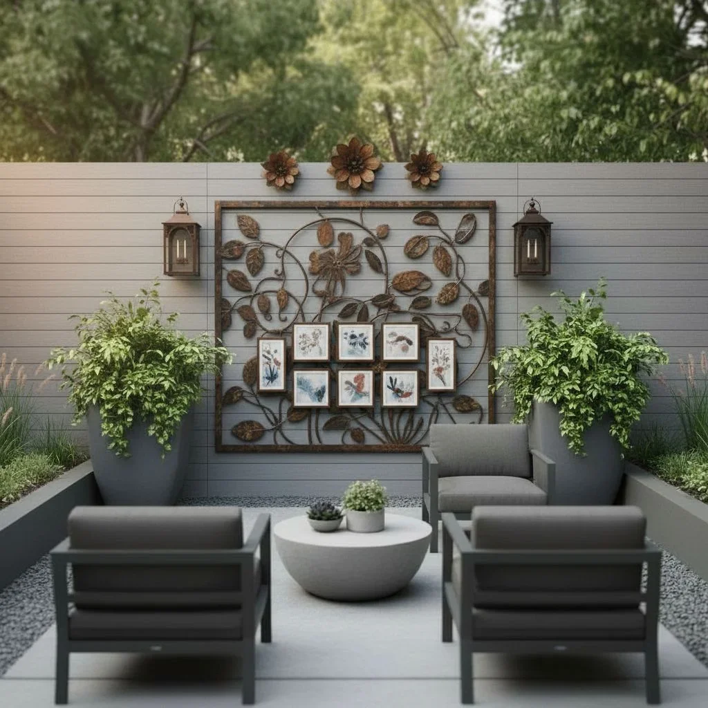 Metal artwork, planters, and photo tiles create feature fence