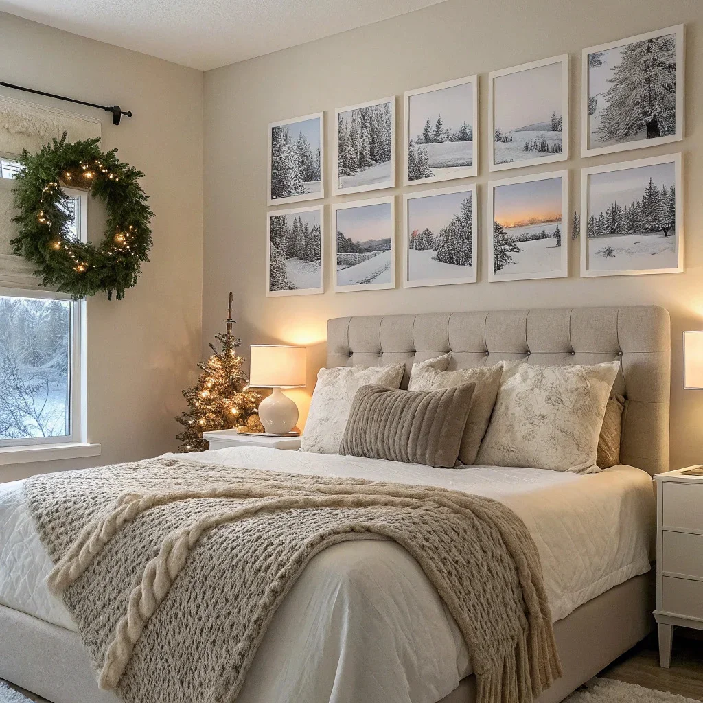A calm bedroom decorated with soft winter landscapes, neutral tones, a six-tile headboard gallery, knit throws, and a simple wreath for a boutique-hotel holiday feel.