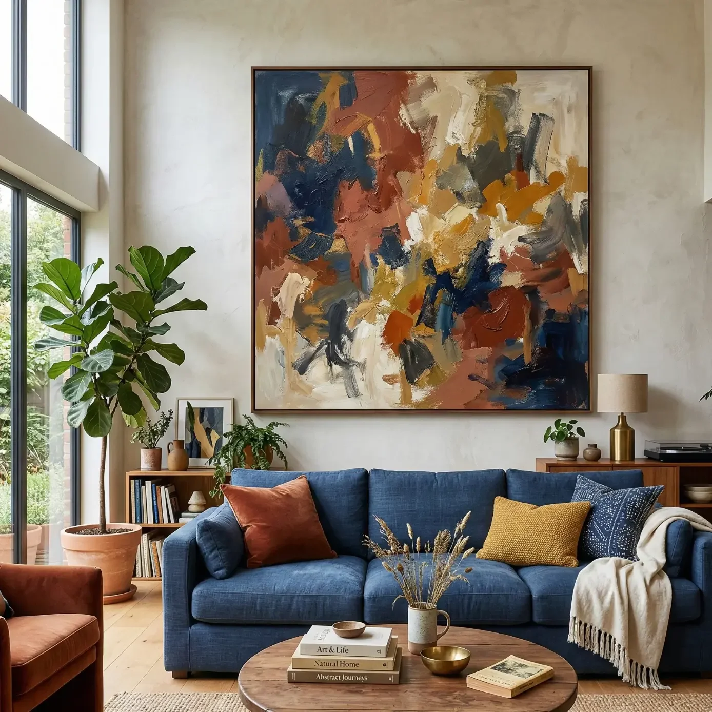 Living room with blue sofa and oversized abstract painting