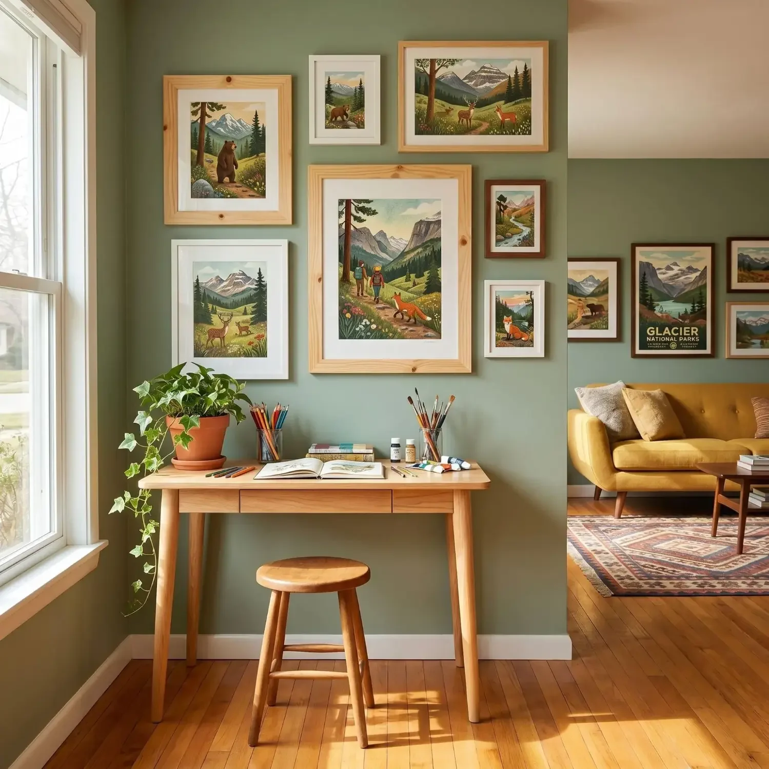 Whimsical national park illustrated art family room