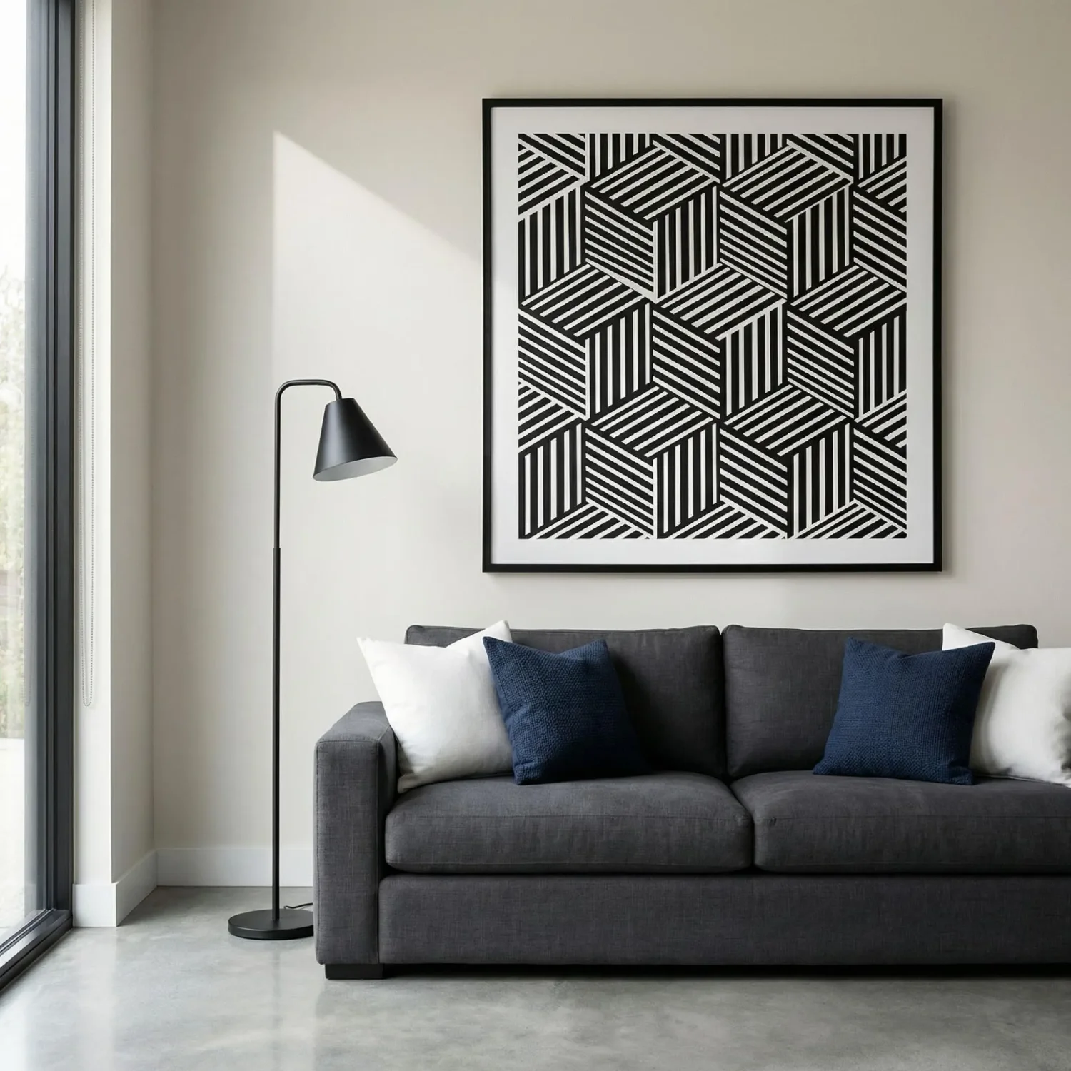 Bold optical illusion geometric art in modern living room
