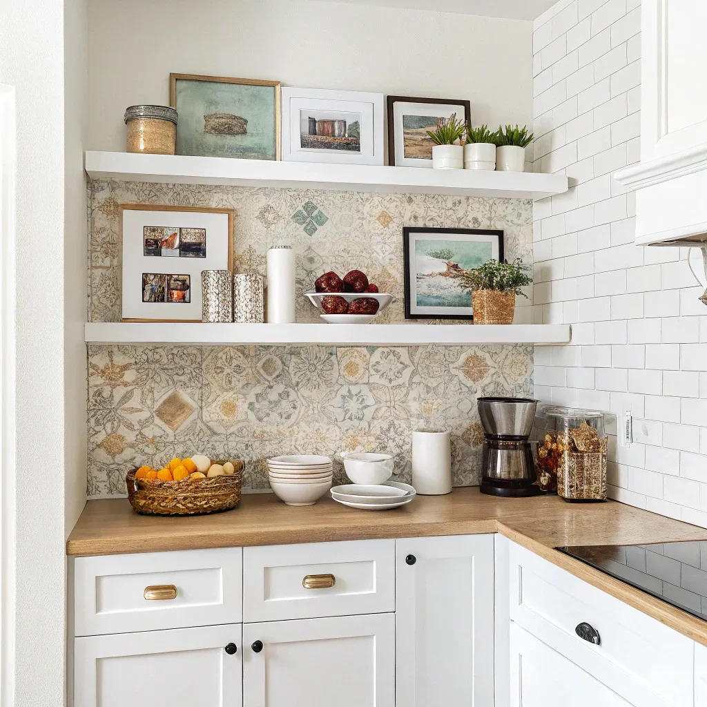 Kitchen with peel-and-stick backsplash, small photo gallery of food memories, and styled open DIY shelves with bowls, jars, and framed photos.