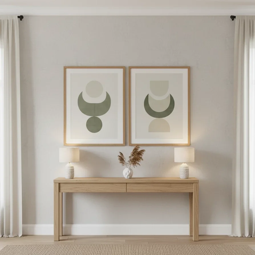 pair of abstract prints hang above minimalist console table