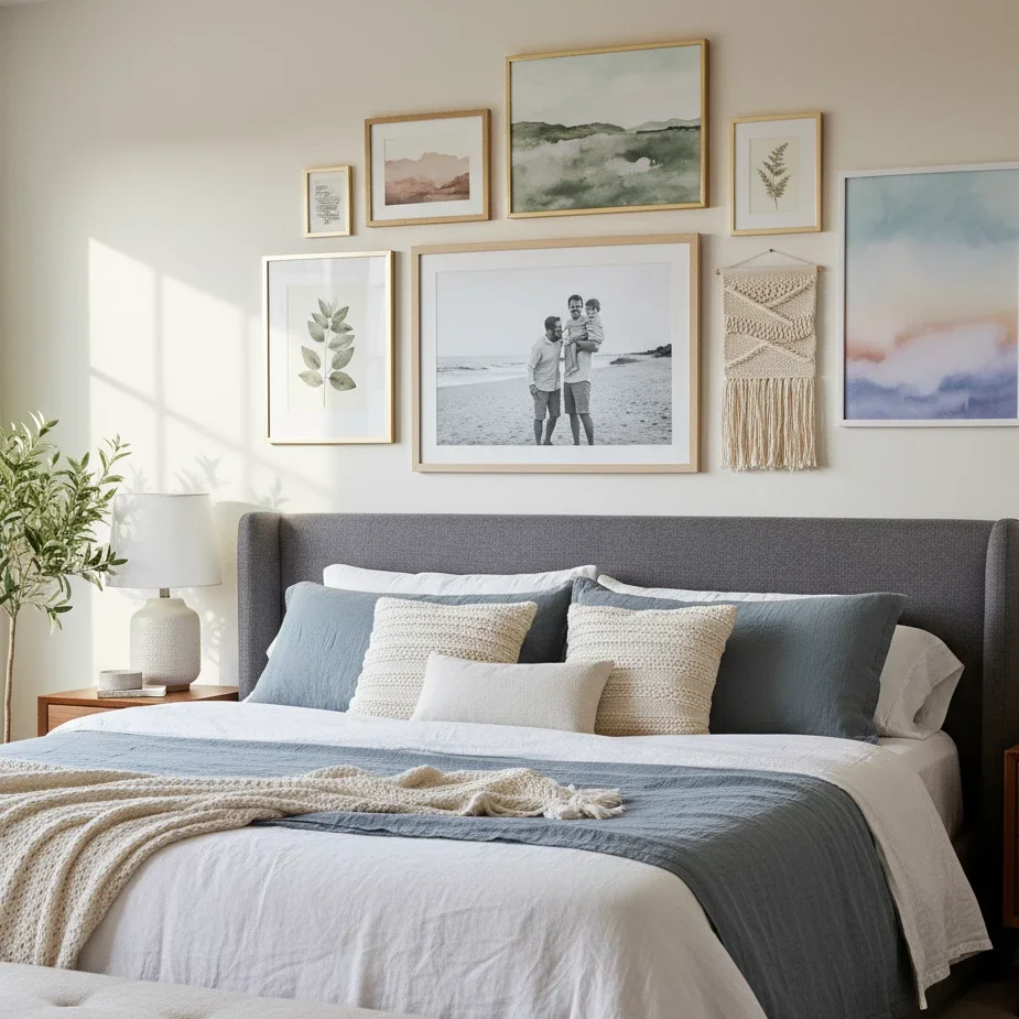 Serene bedroom with calming gallery arrangement
