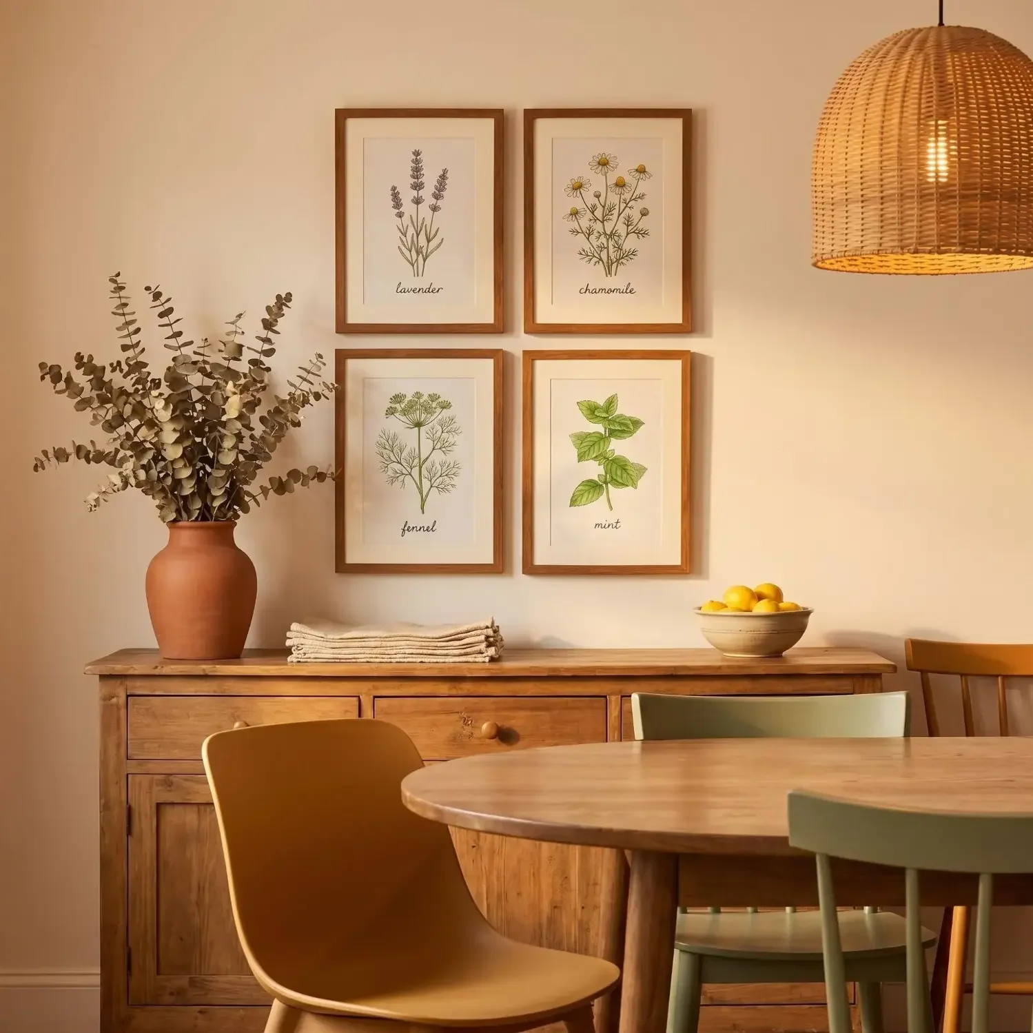 Botanical herb gallery wall above dining sideboard