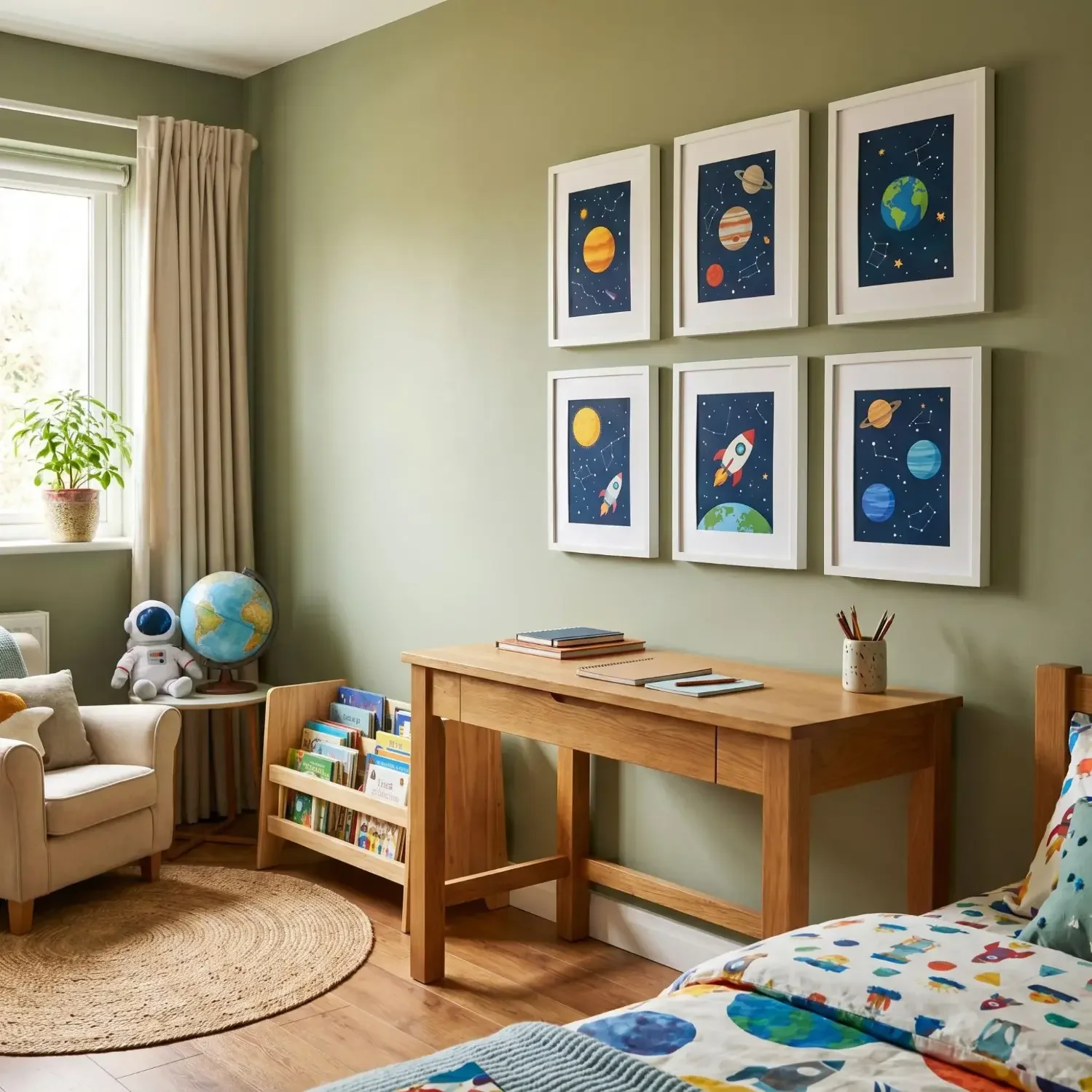 Educational space art above a kids' bedroom desk
