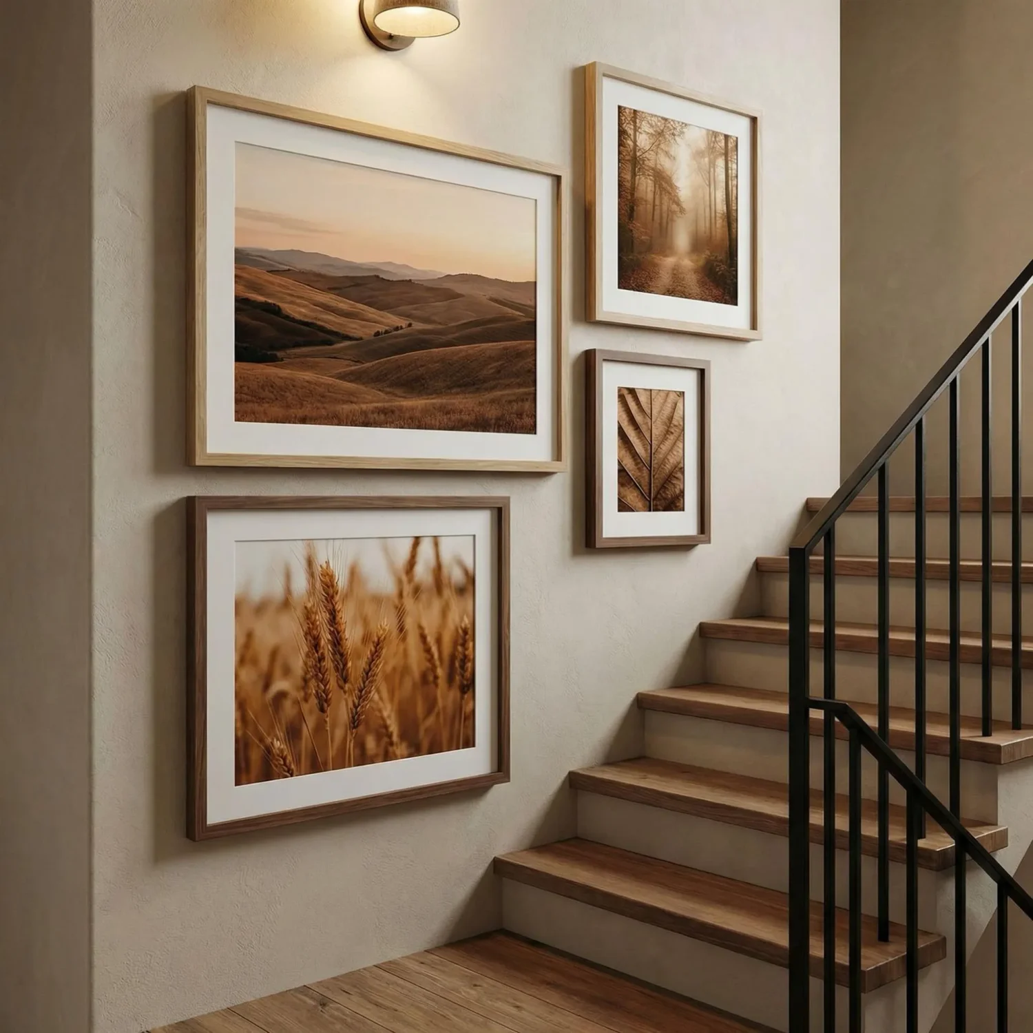 Staggered framed photos salon style on stairwell
