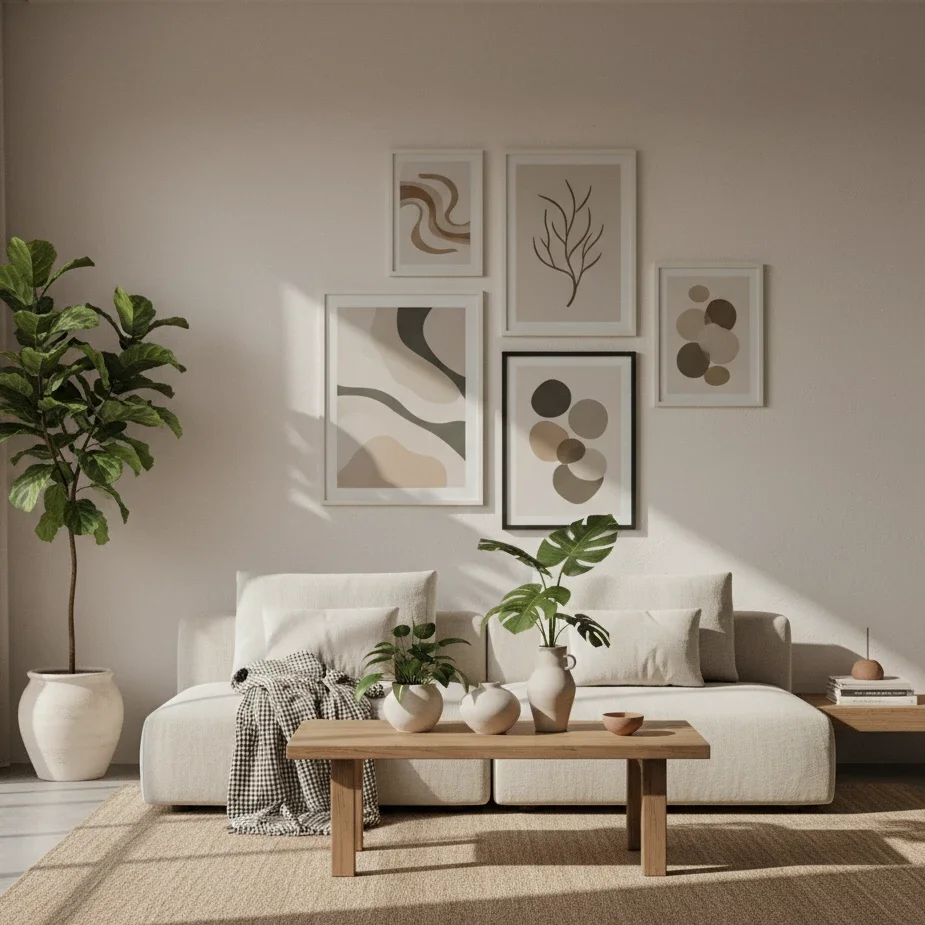 Neutral japandi-style living room with abstract gallery wall and plants