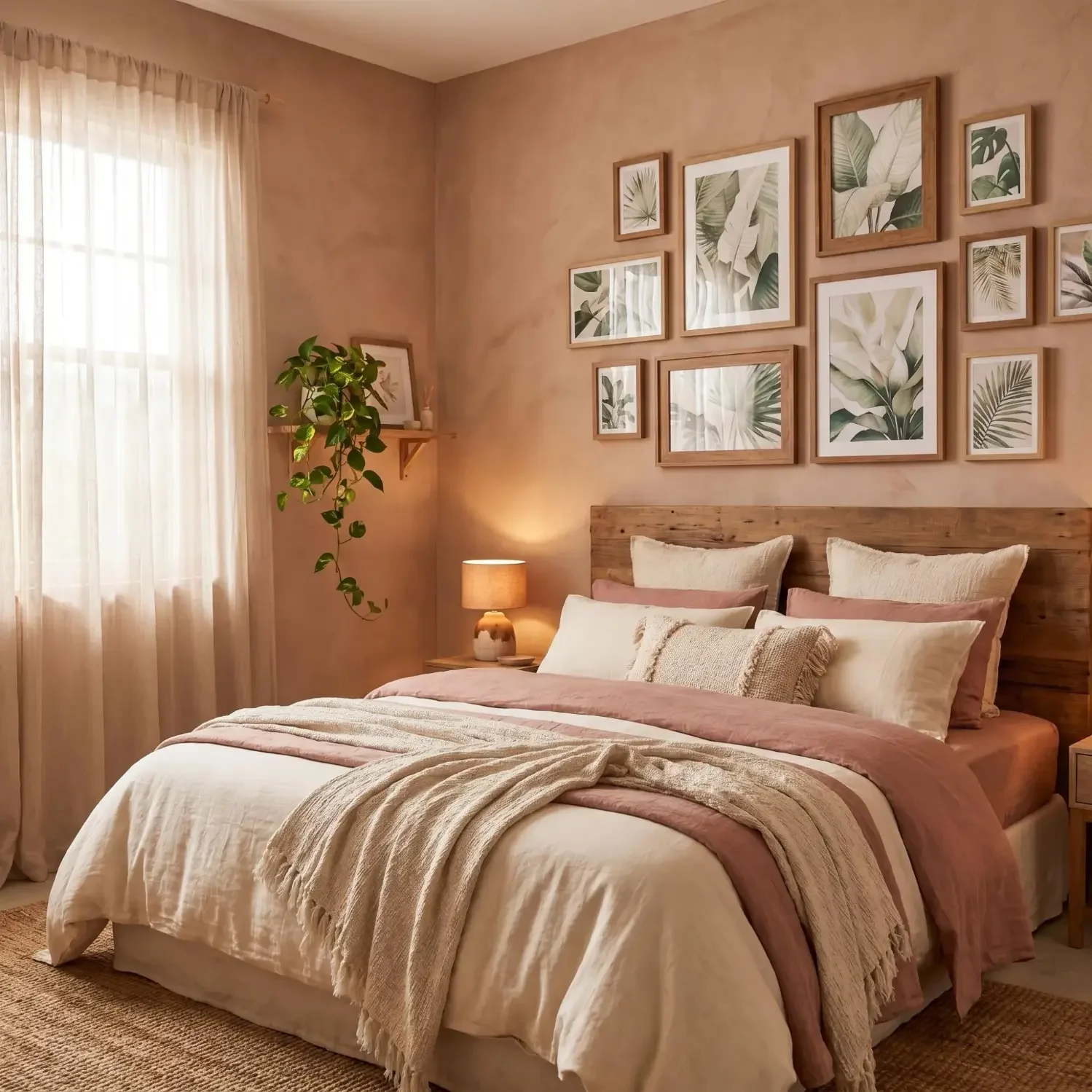 Botanical framed photos gallery above bedroom headboard