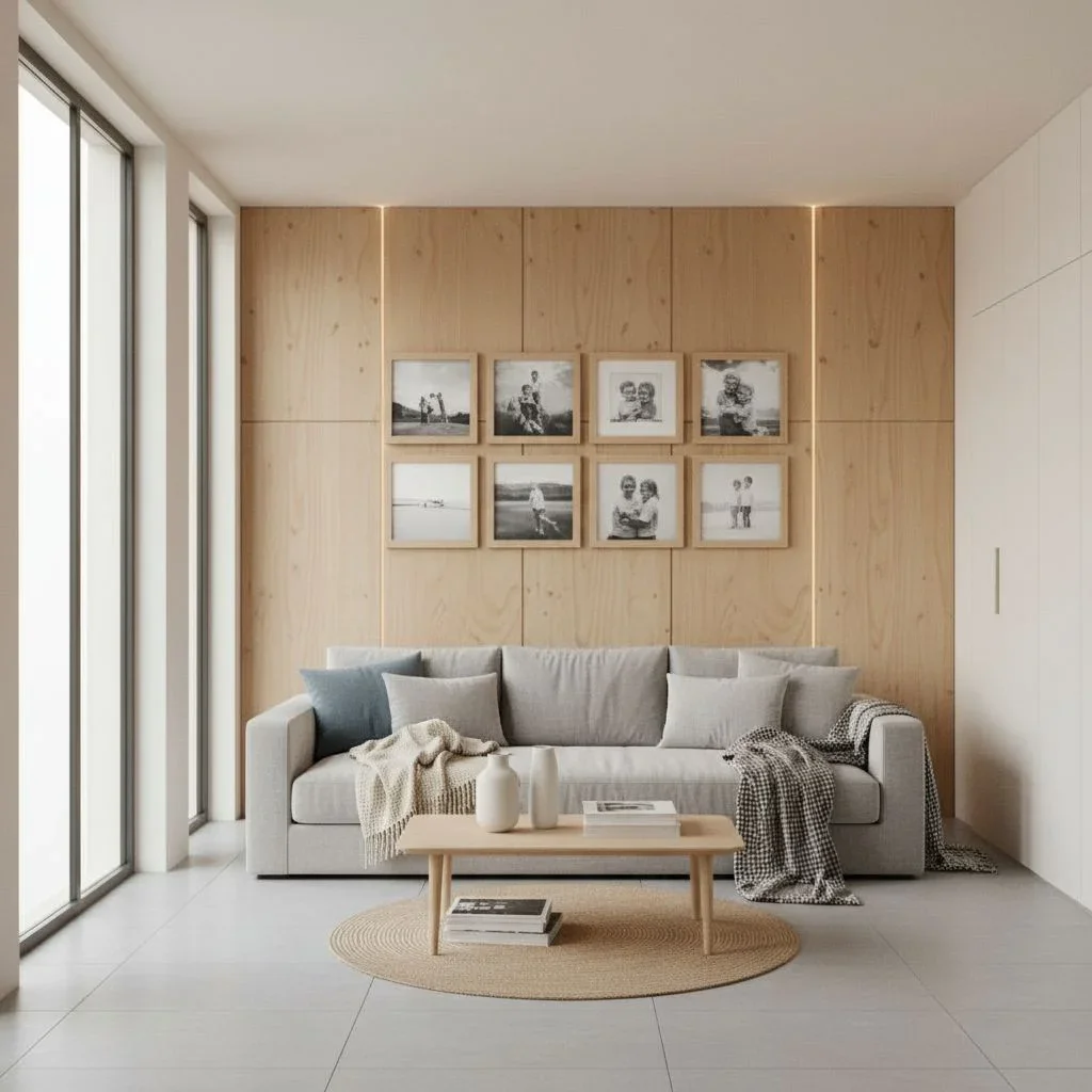 Scandinavian living room with light wood and Mixtiles