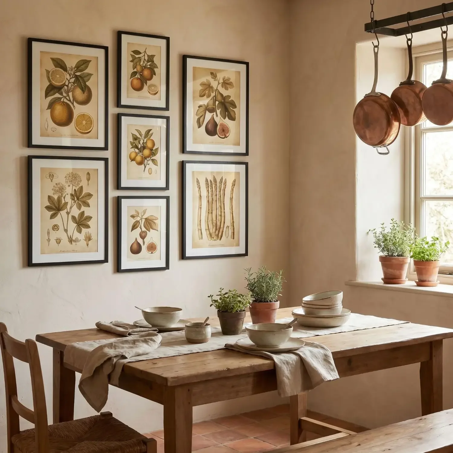 Antique botanical prints in kitchen dining area