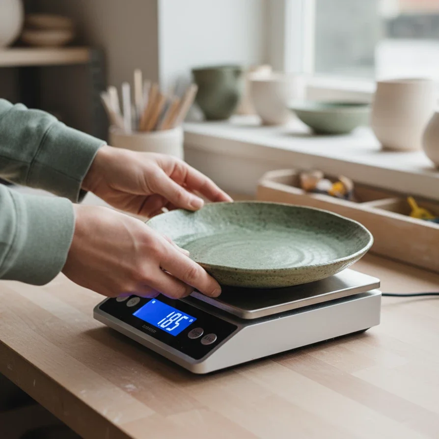 Person weighing a green ceramic plate on a digital scale