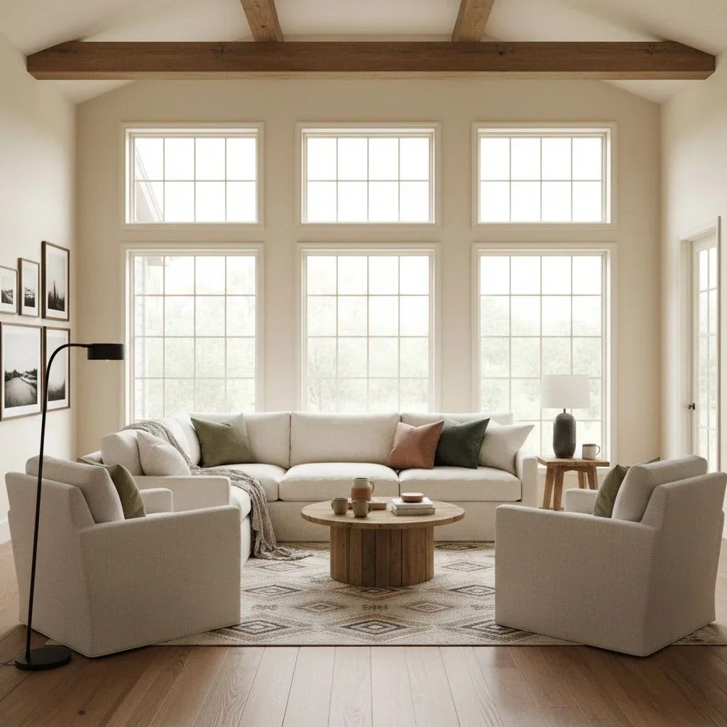 Rustic living room with warm color palette and wood accents