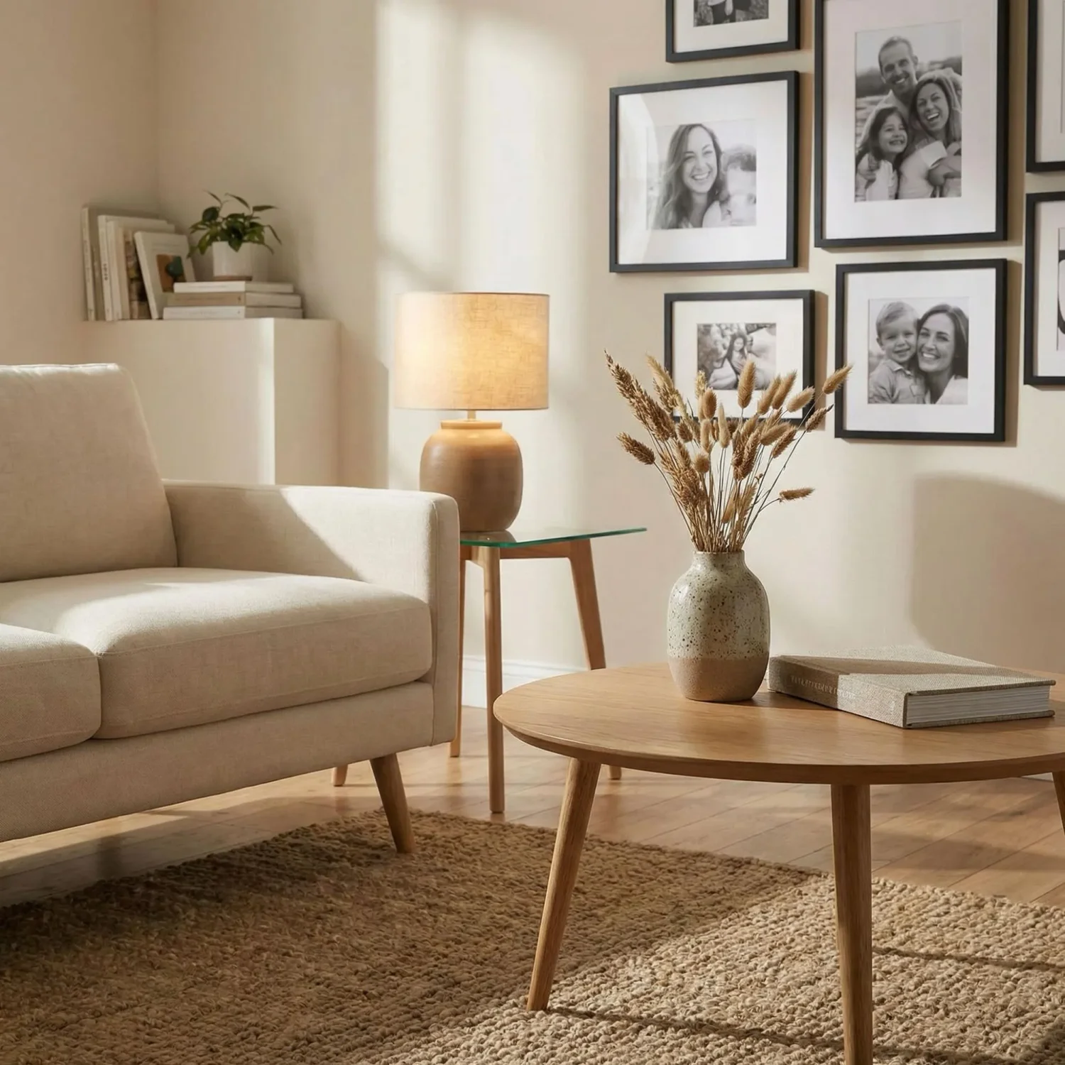 Mid-century coffee table and end table styling on rug