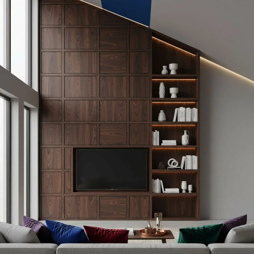 Deep stained wood grid paneling detail