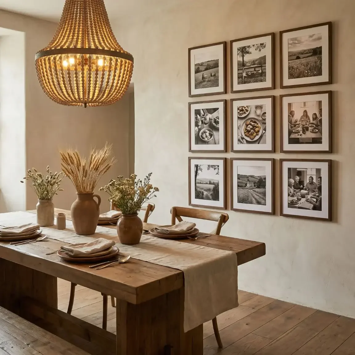 Rustic dining room framed photo grid and chandelier