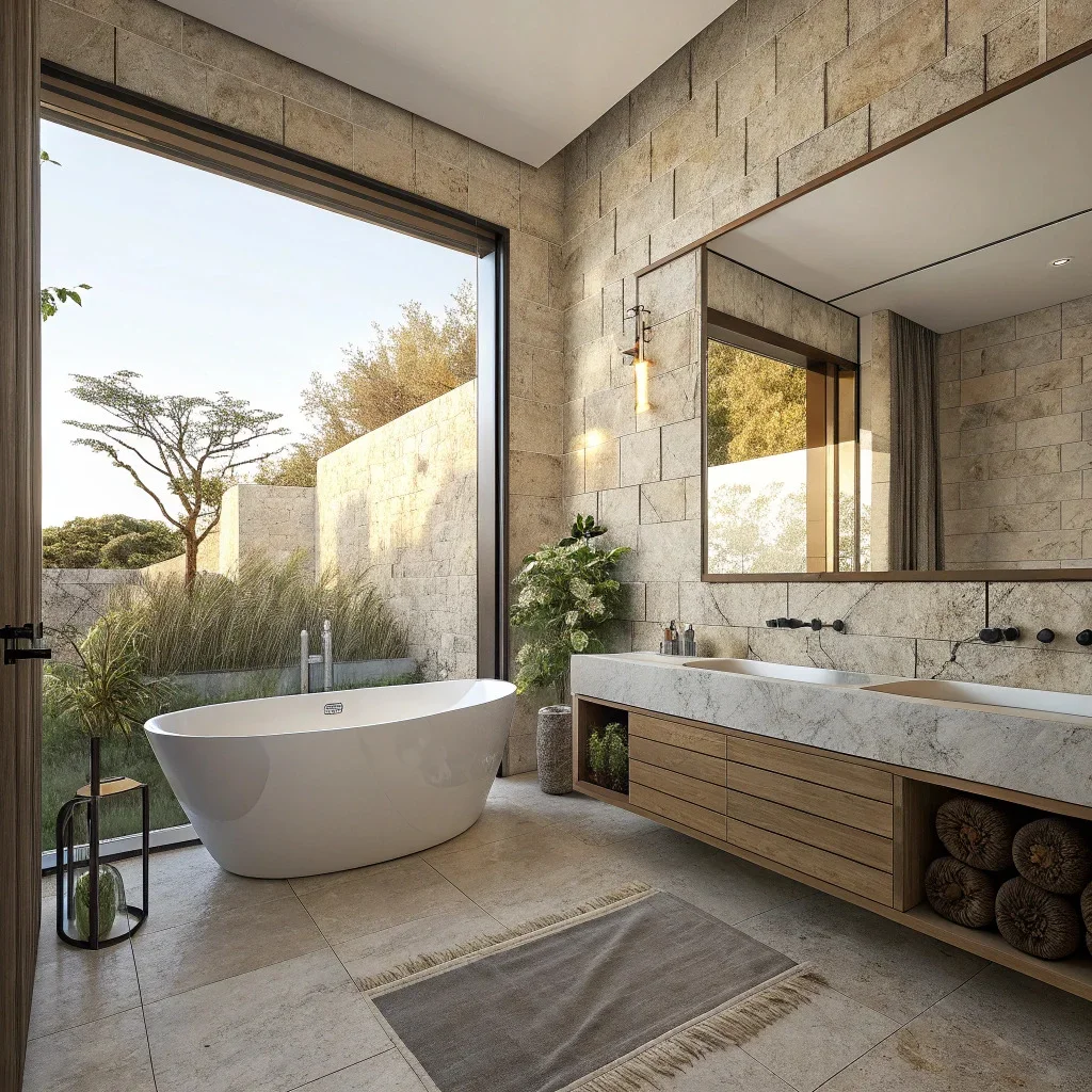 Bathroom with full-wall mirror reflecting a freestanding tub and soft light.