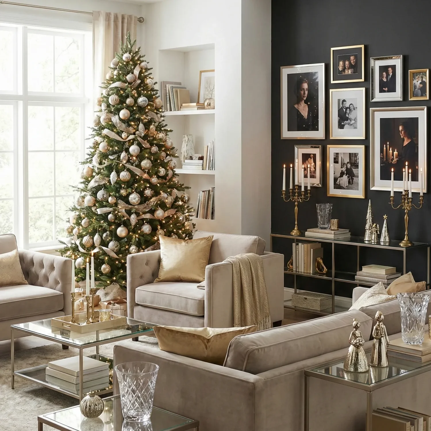 Elegant living room with gold christmas tree and framed photos