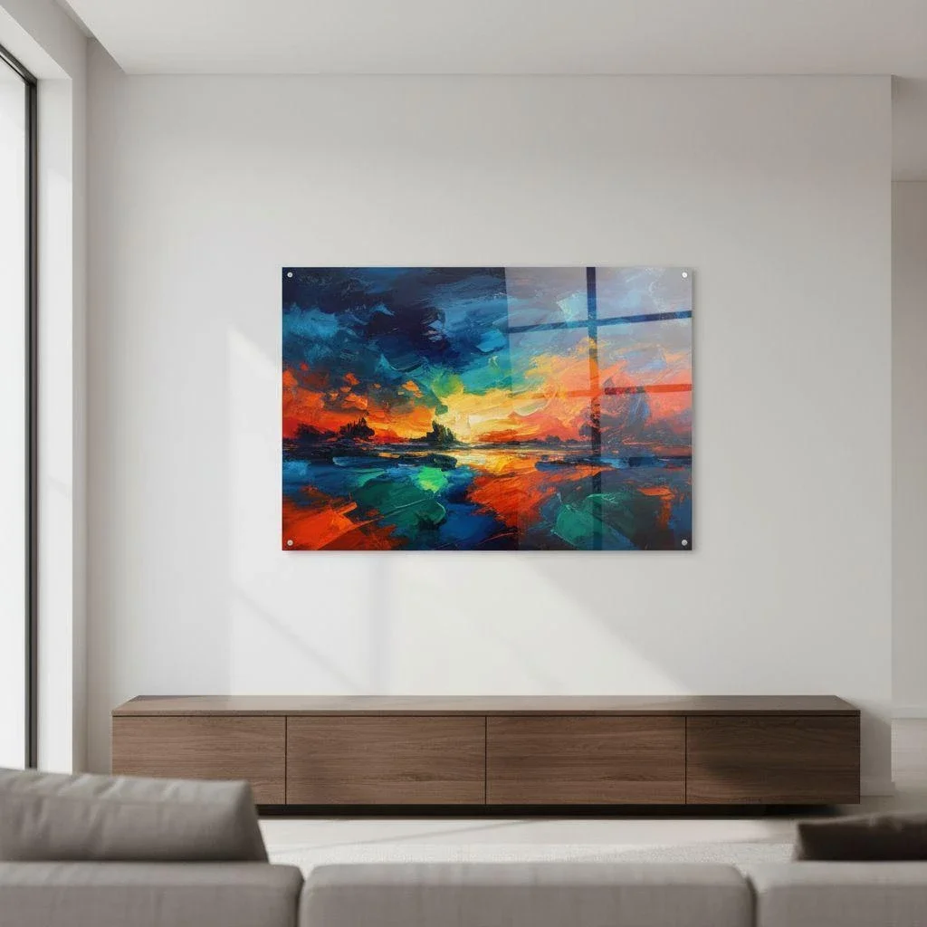 Glossy acrylic print in a modern living room