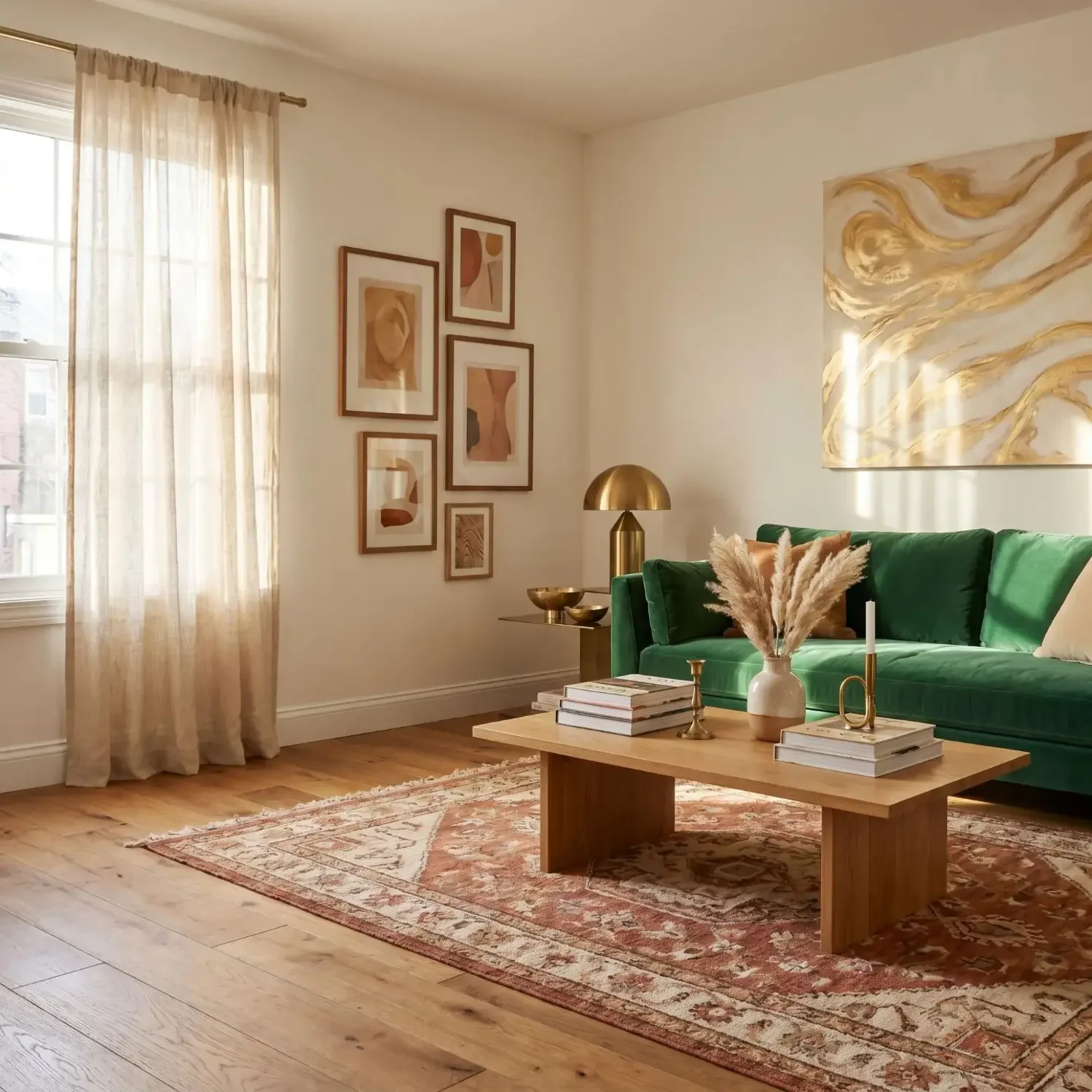 Gold abstract wall art above sofa in living room