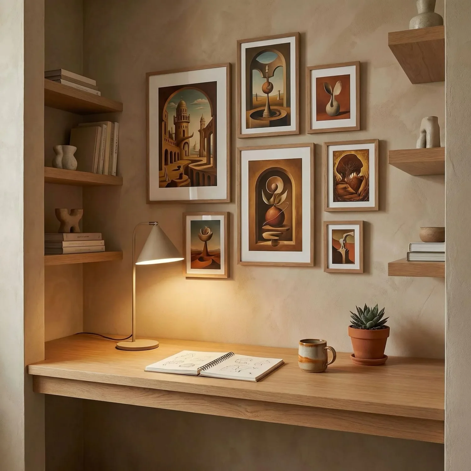 Surreal framed art display in home office nook