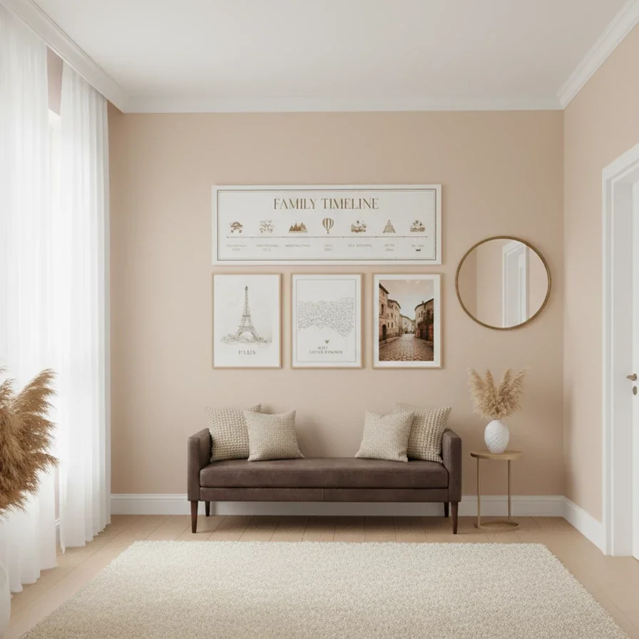 family timeline and travel prints style neutral entryway