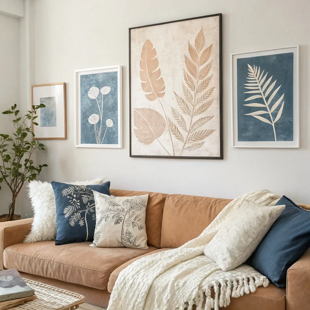 On-trend DIY wall art gallery in a calm living room: a large earthy-toned textured plaster canvas, a soft gradient print, cyanotype botanical silhouettes in black frames, a photo print with colorful embroidery, and a framed linen textile arranged above a neutral sofa.