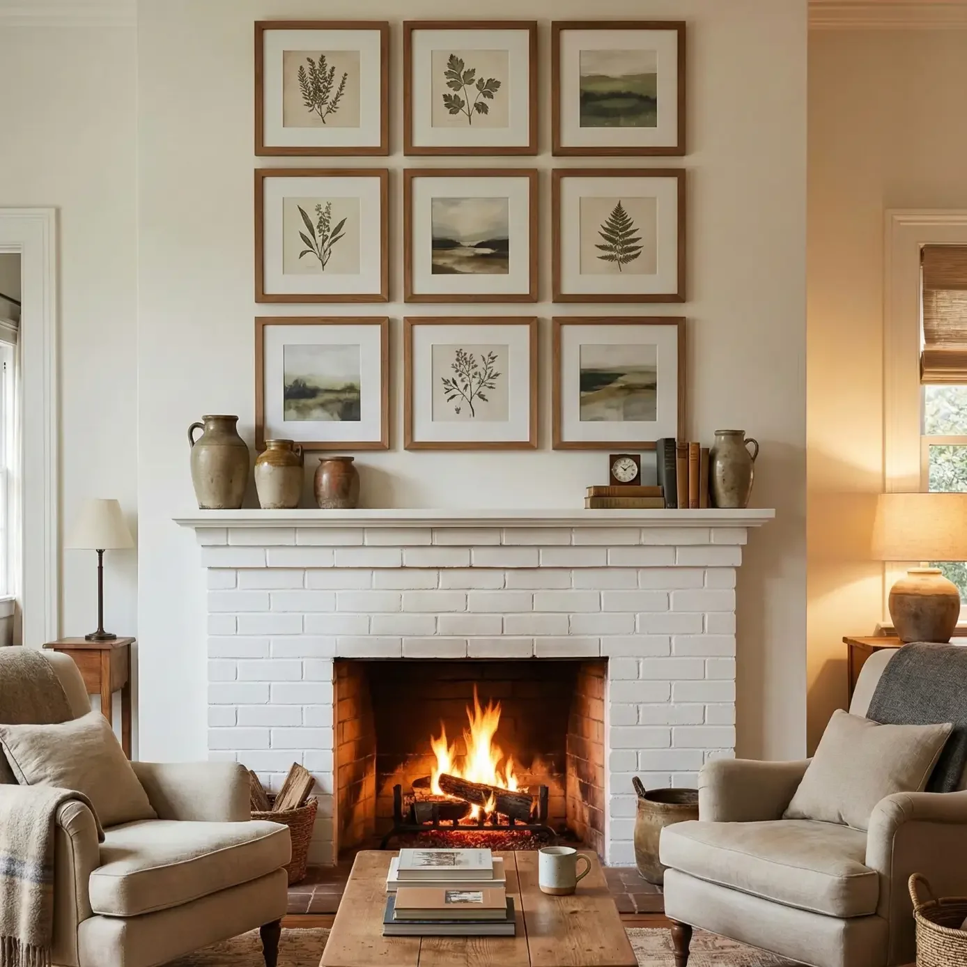 Cozy living room with lit fireplace and framed botanical prints.