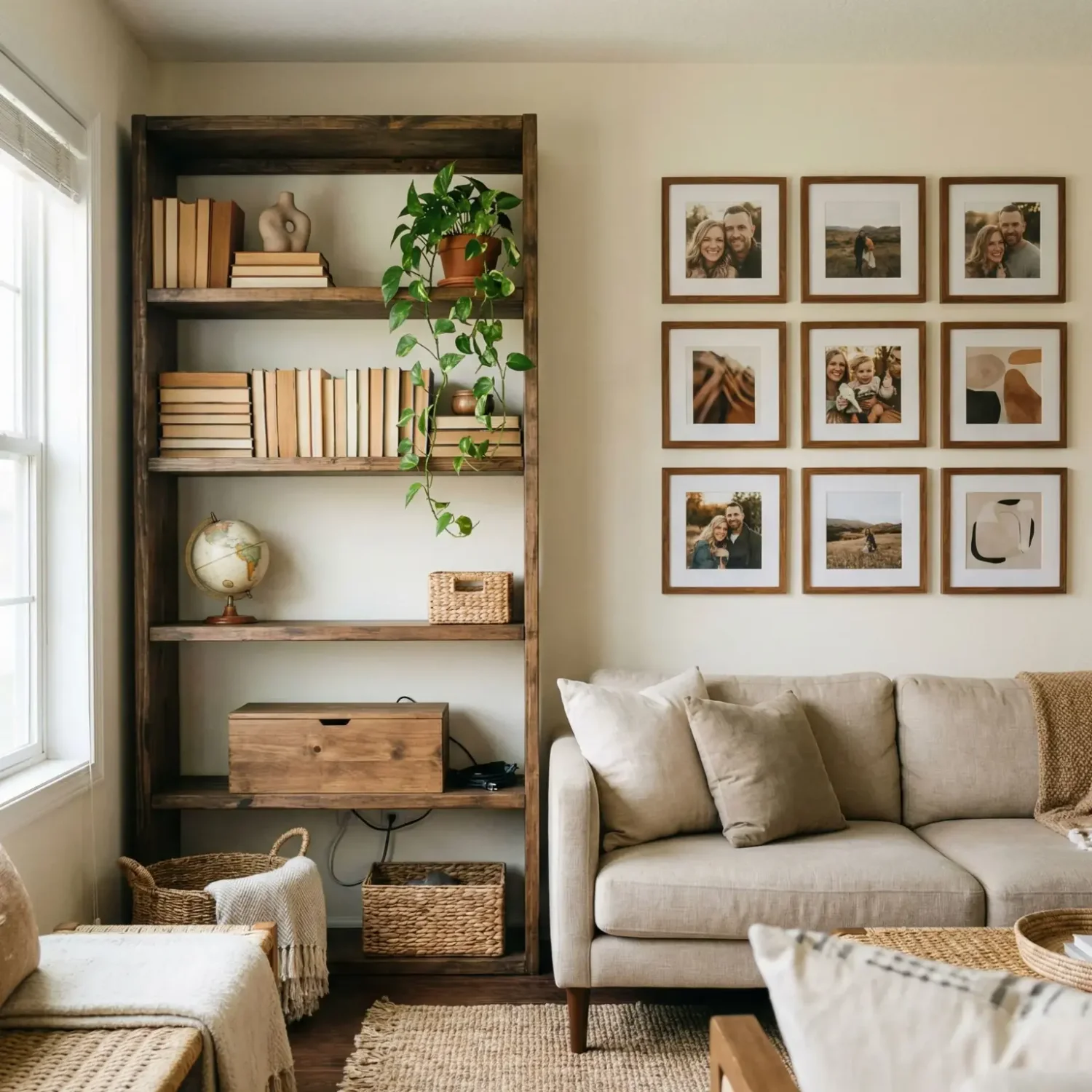 Living room shelf with books, plants and framed photos
