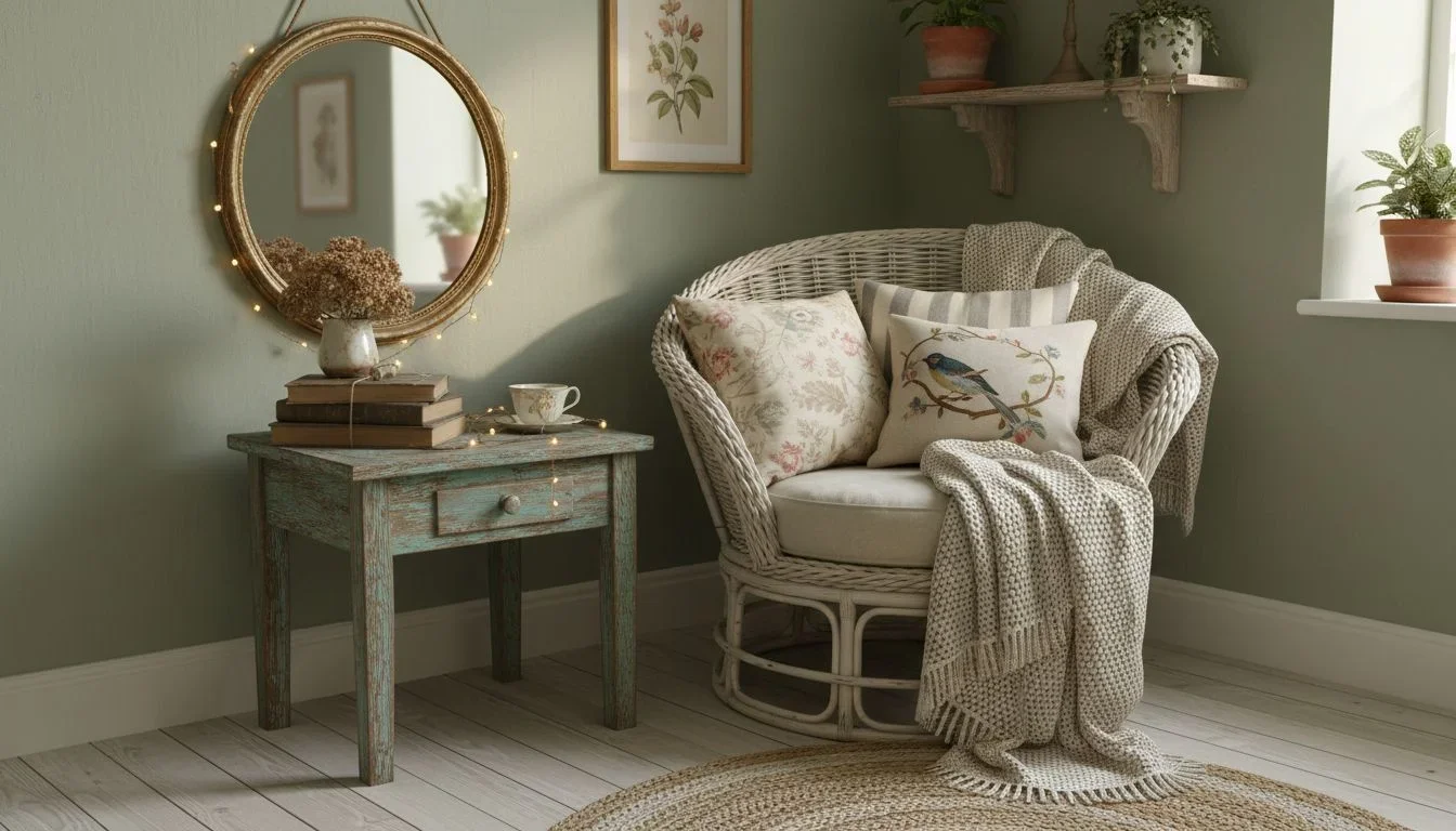Weathered side table and wicker chair vignette