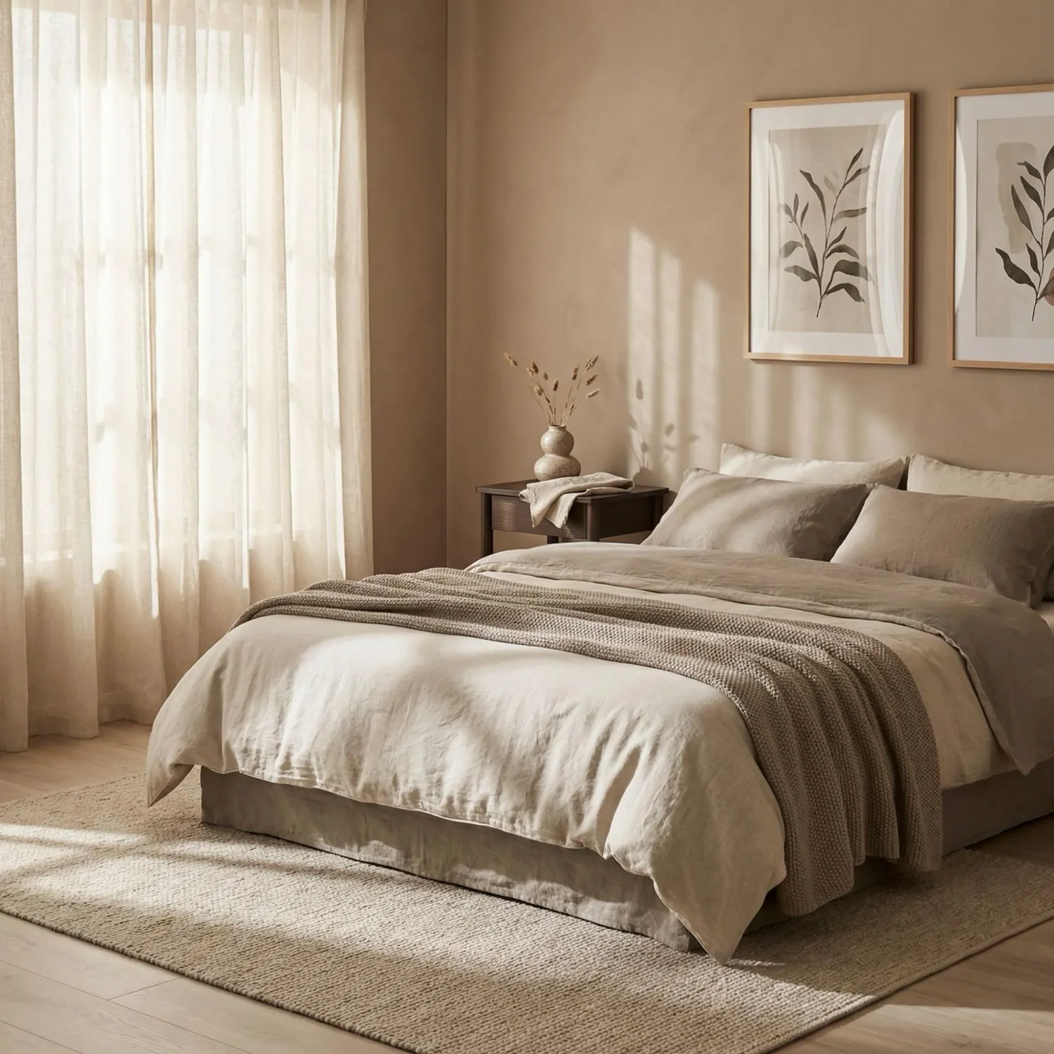 Japandi bedroom neutral palette oatmeal and beige