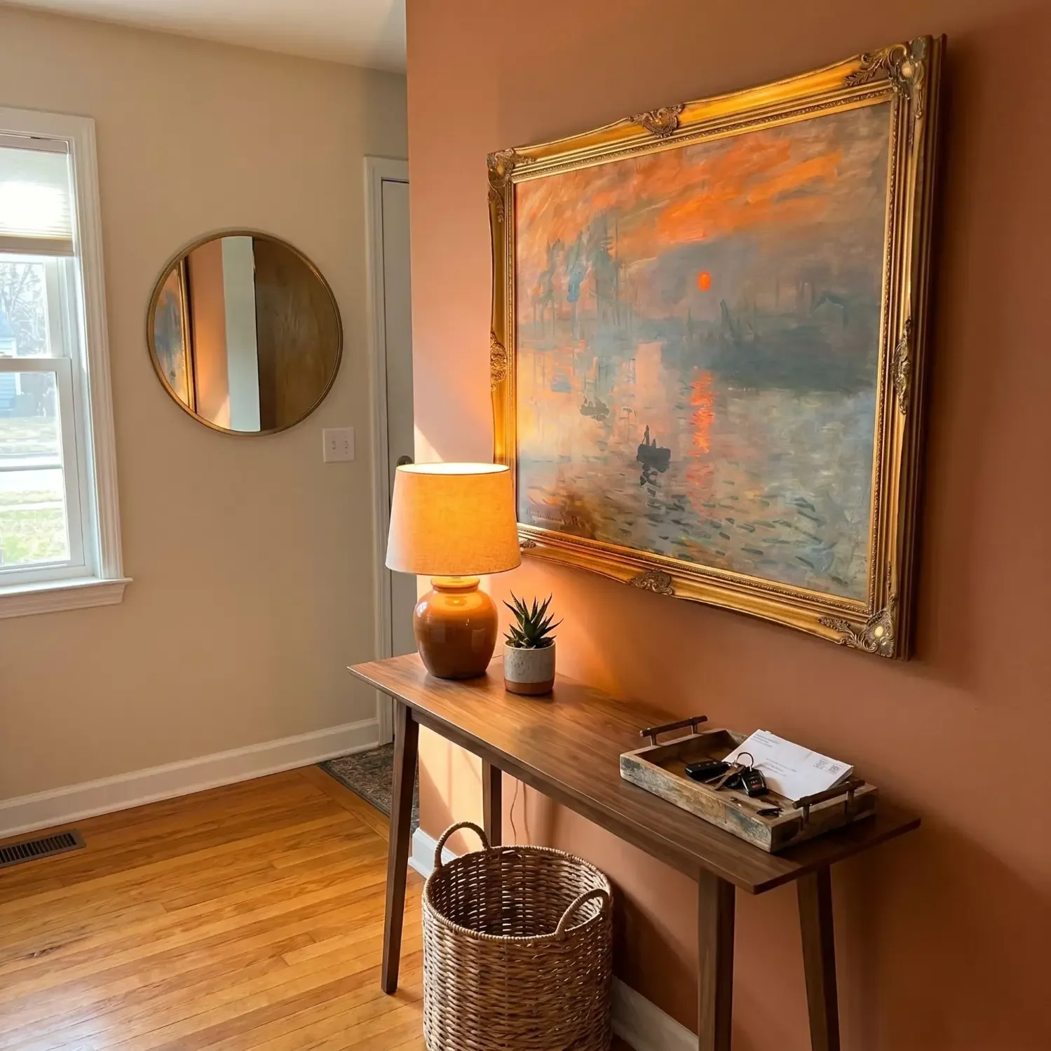 Impression Sunrise Monet print in a warm entryway