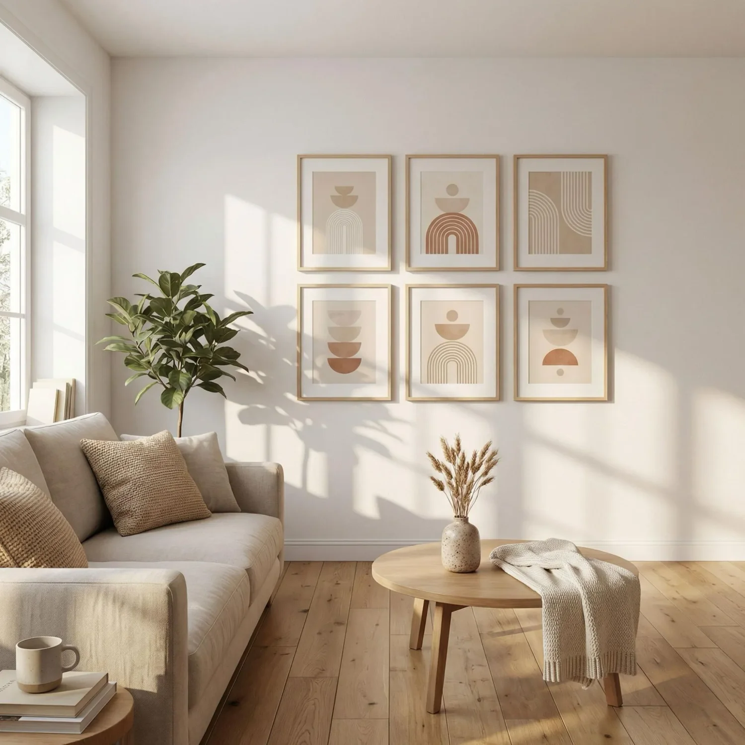 Minimalist geometric framed art grid in living room