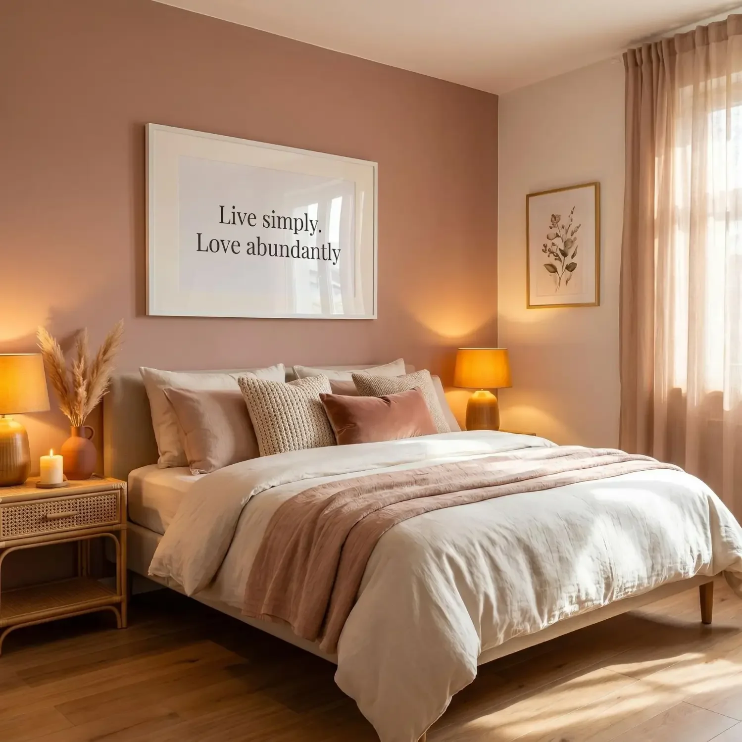 Framed self-love quote above bed in serene bedroom