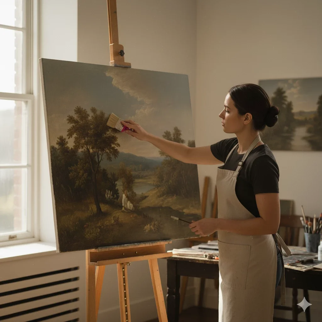 woman artist brushing landscape canvas in studio