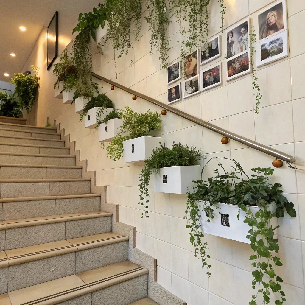 A staircase wall with shallow wall planters placed safely near a landing, featuring soft trailing plants alongside square photo tiles.