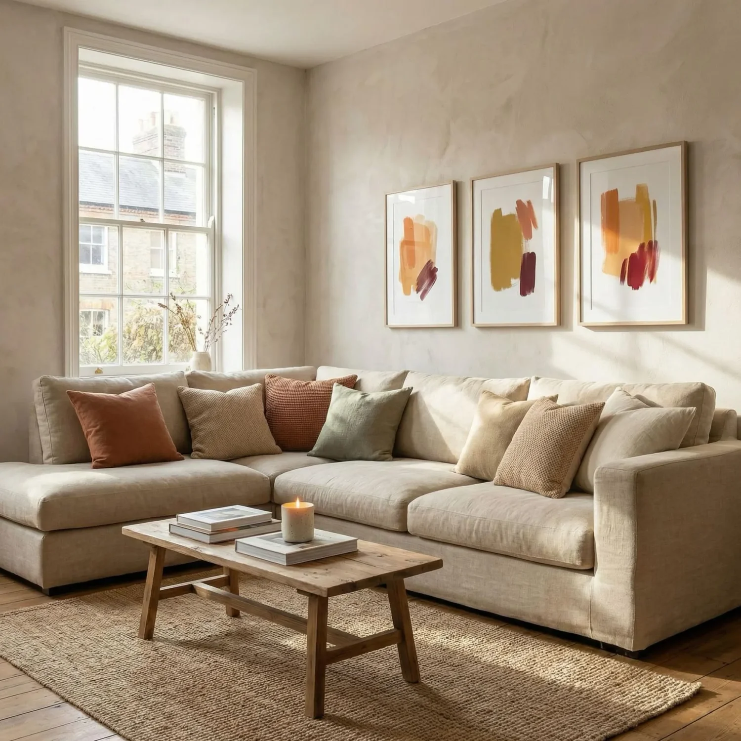 Matte triptych wall art near window in open plan room