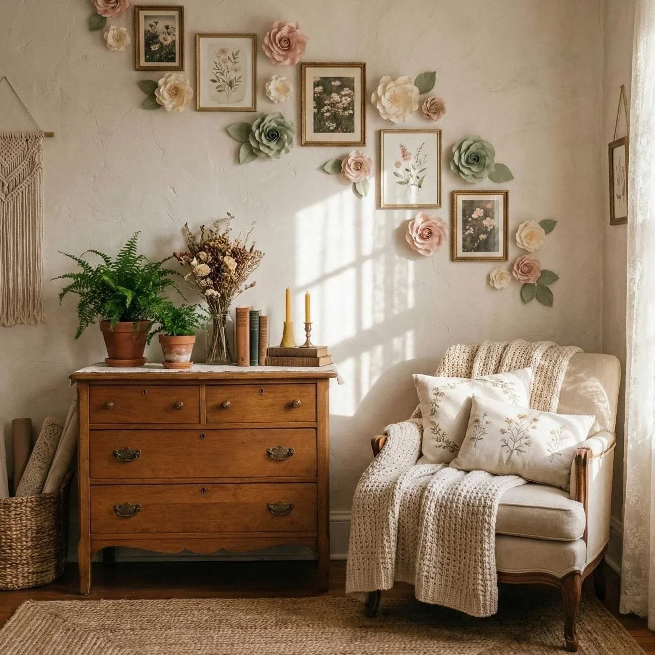 Cozy vintage corner with floral wall art and a knit-draped armchair
