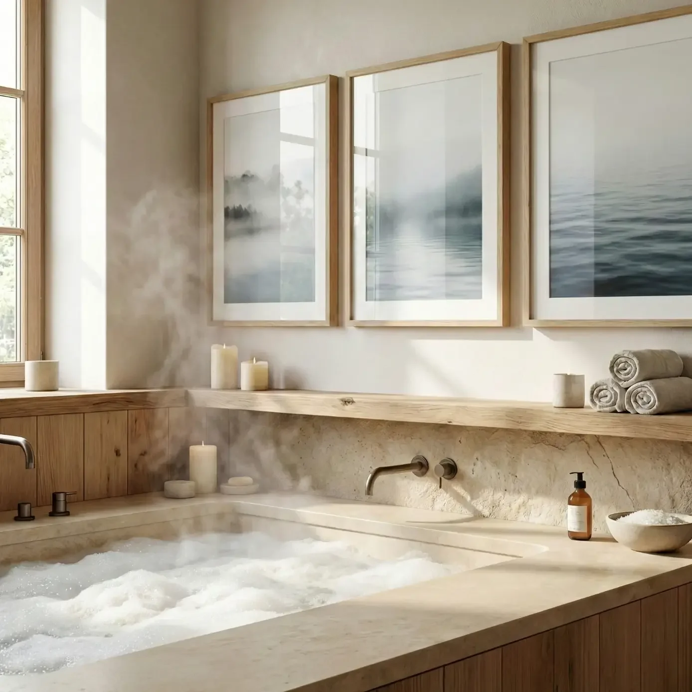 Spa-like soaking tub with candles and misty landscape prints.